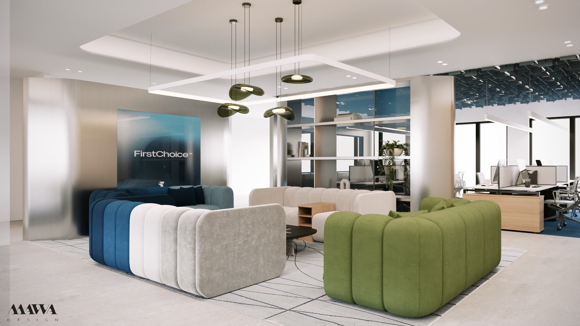 First Choice Offices upstairs lounge with blue seating, warm wood desks, glass partitions, and sculptural lighting