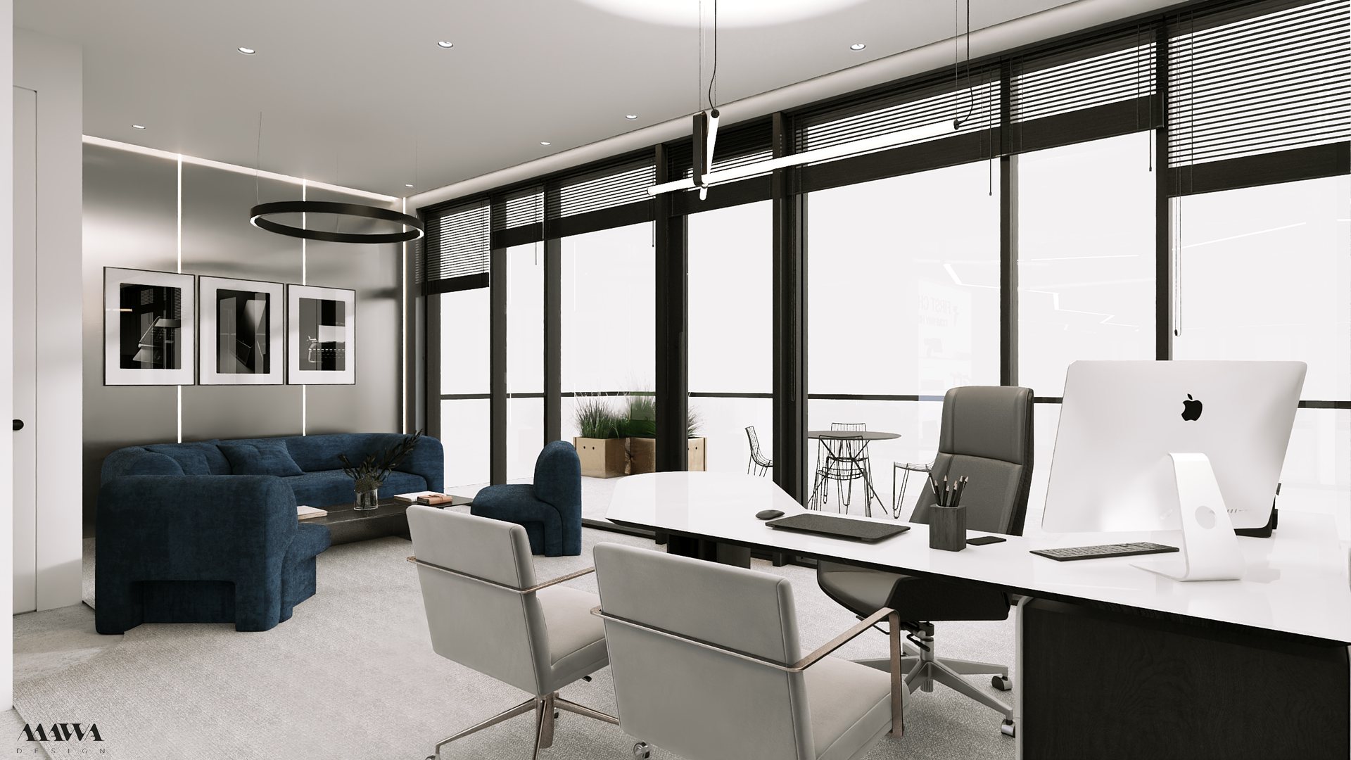 First Choice Offices branded executive office with a desk, lounge seating, glass wall, and blue accents