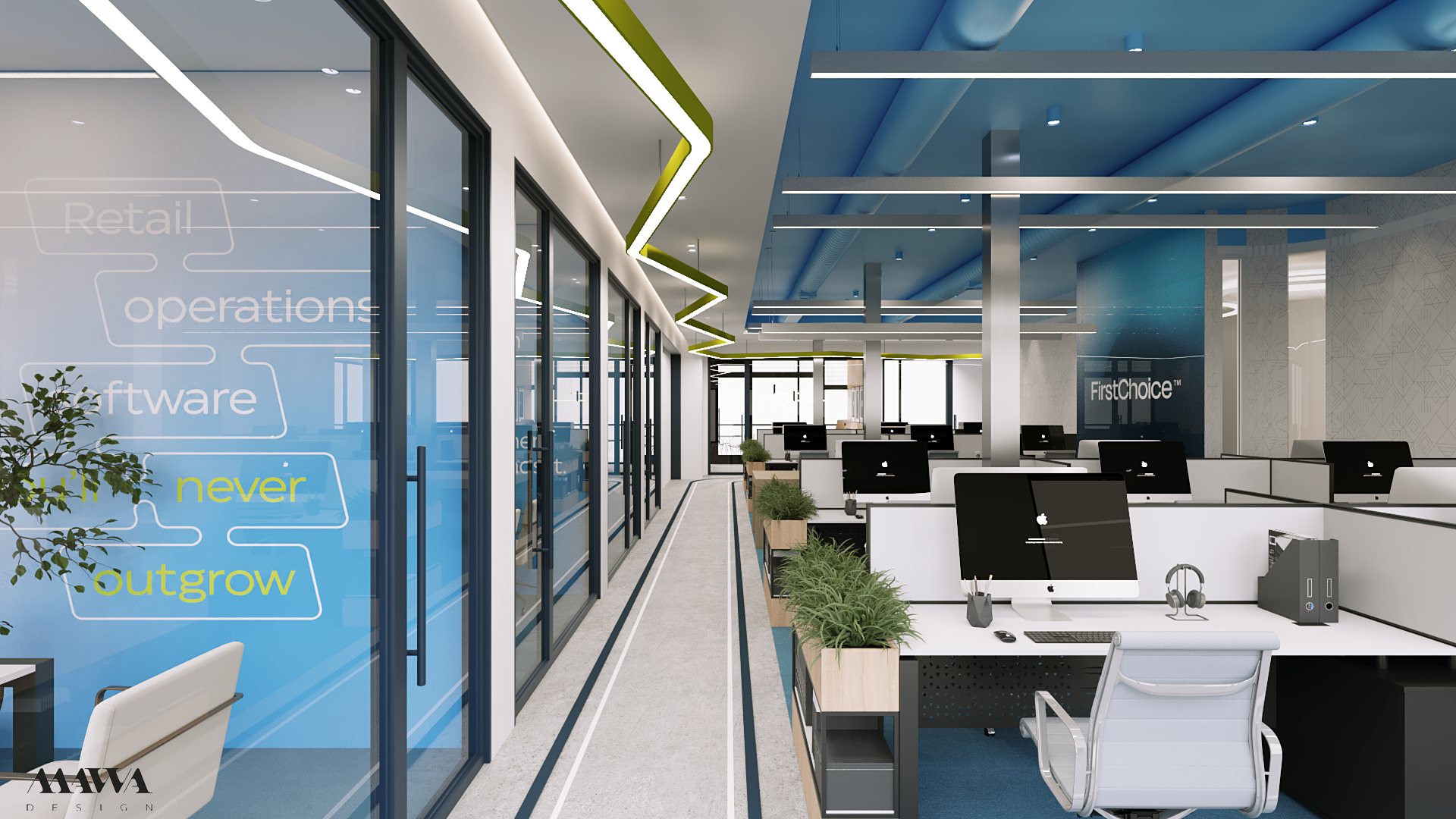First Choice Offices branded open office with glass partitions, workstations, and green seating accents